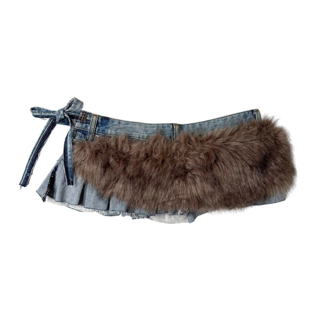 upcycled fur-trim denim pleated mini skirt-belt